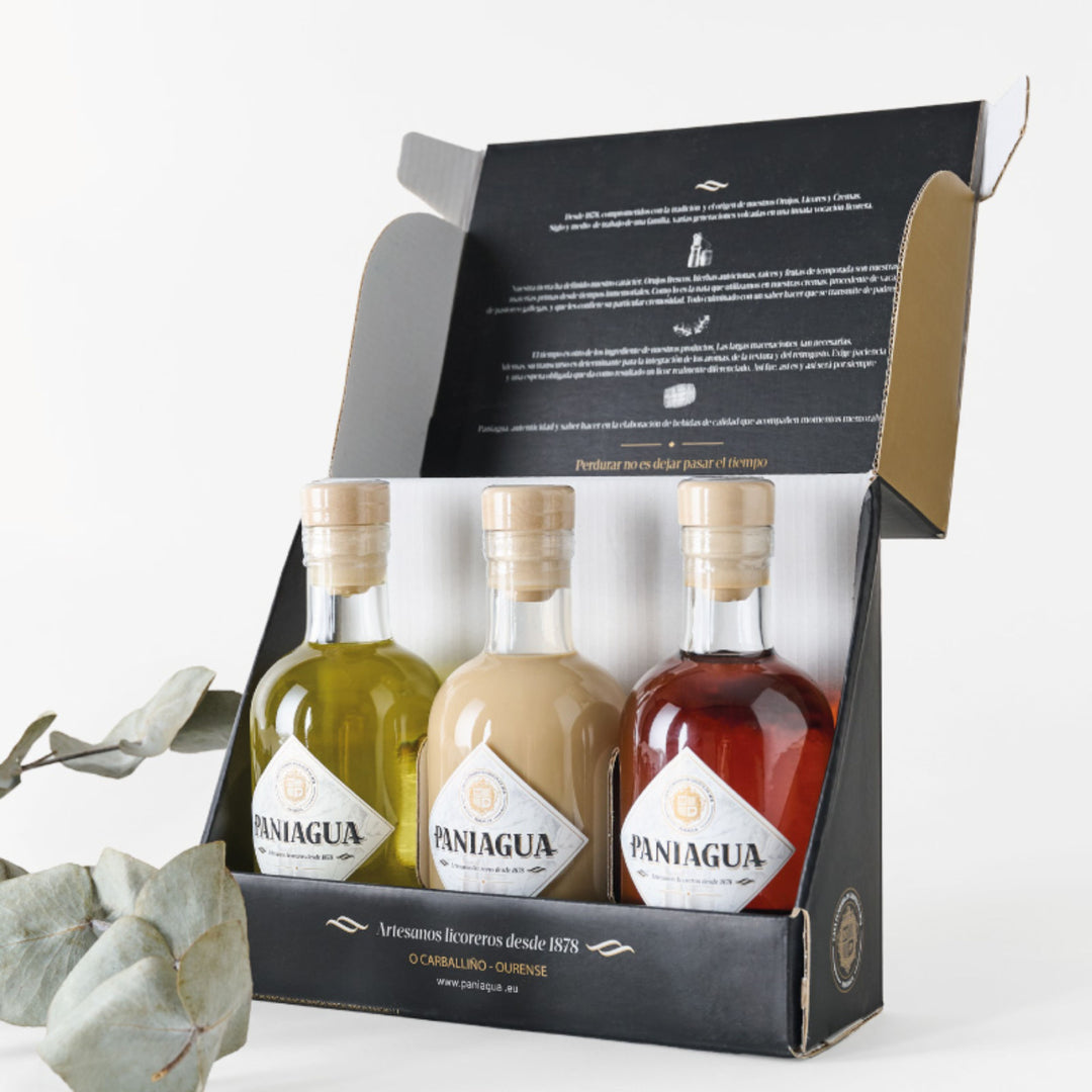 Estuche de 3 botellas de 20cl de licores y cremas tradicionales gallegos Paniagua